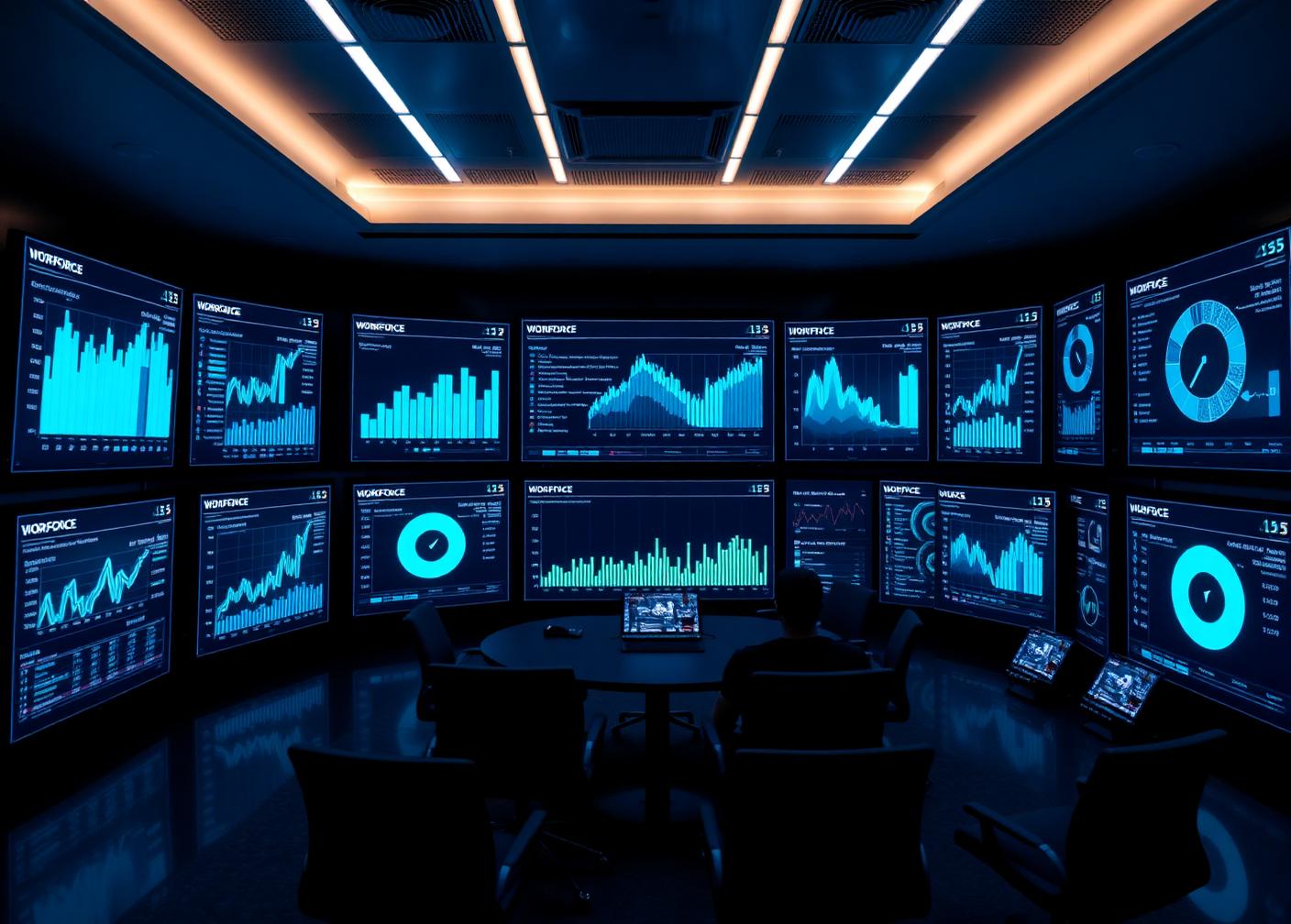 Workforce analytics dashboards displayed on large screens in a strategy room
