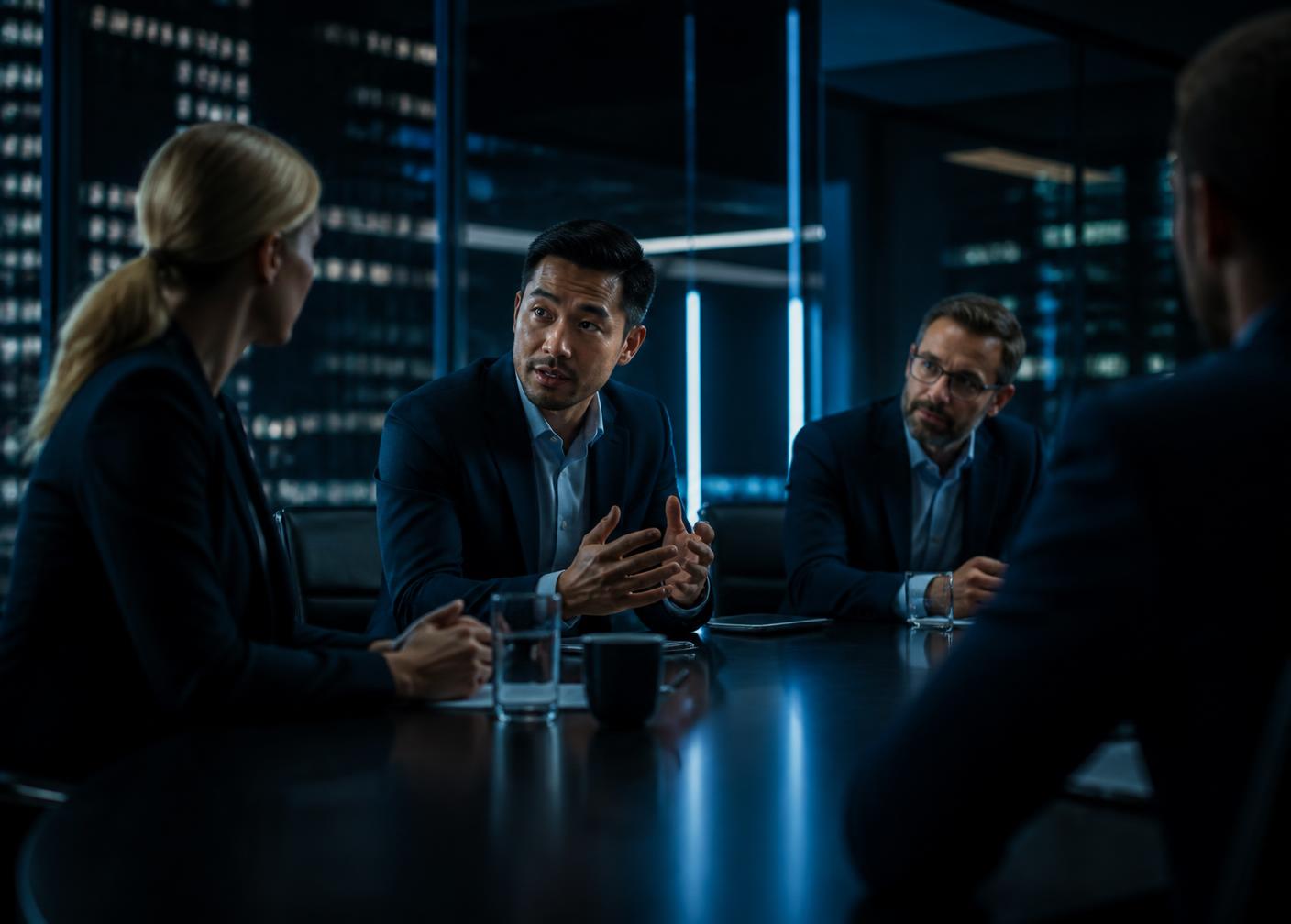 Executive leadership team in discussion in a modern boardroom