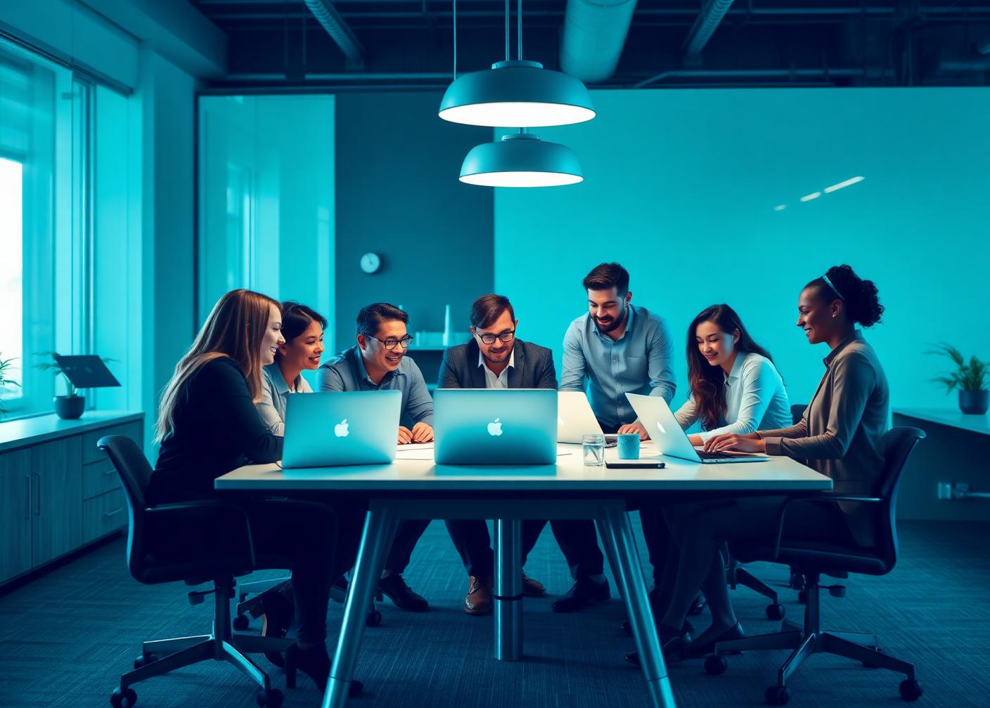 Diverse team collaborating with laptops around a table in a modern office